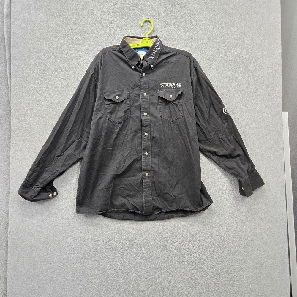 Wrangler Men Button Up Shirt XL Black Embroidered Western Logo Long‎ Sleeve